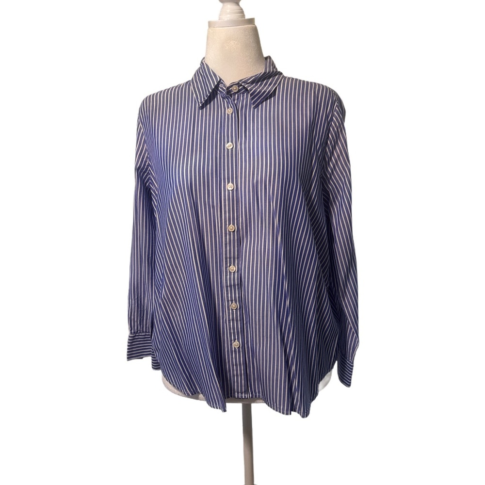 Ann Taylor Blue and White Striped Button-Down Relaxed Fit Perfect Shirt